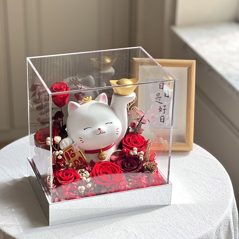 永生花玫瑰花招财猫亚克力成品开业高级感情人节礼物
