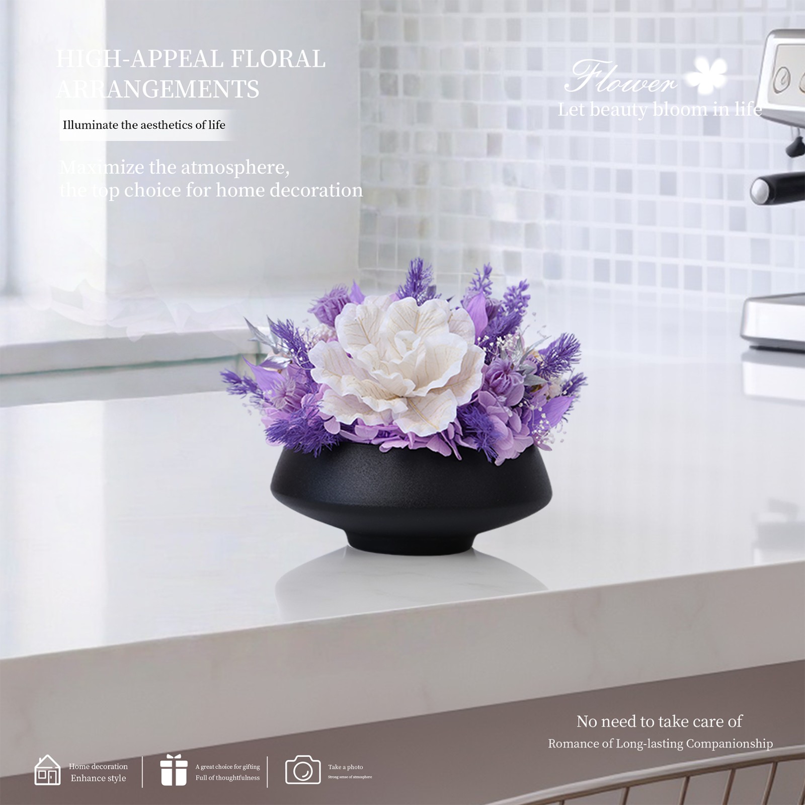 Preserved rose potted plants, floral arrangements, table centrepieces, meeting table decorations, centrepieces for round tables in international restaurants